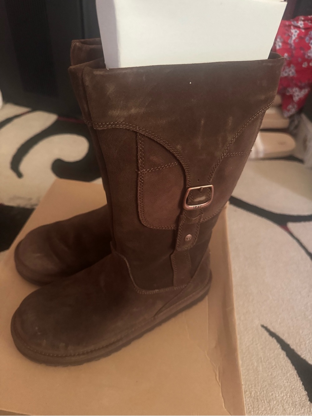 UGG Australia Kids Cargo Suede Buckle Boots Espresso Brown Size 6